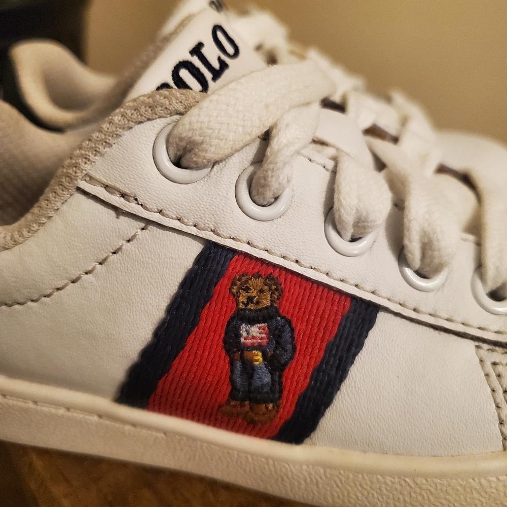 POLO RALPH LAUREN Quilton Bear White Red Blue Striped Embroidered Bear Shoes T7 - Picture 6 of 10